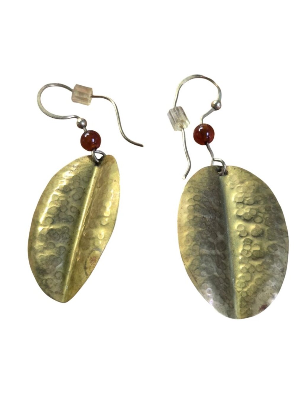 Handcrafted Botanical Brass Leaf Red Bread French Wire Dangle Earrings 2"
